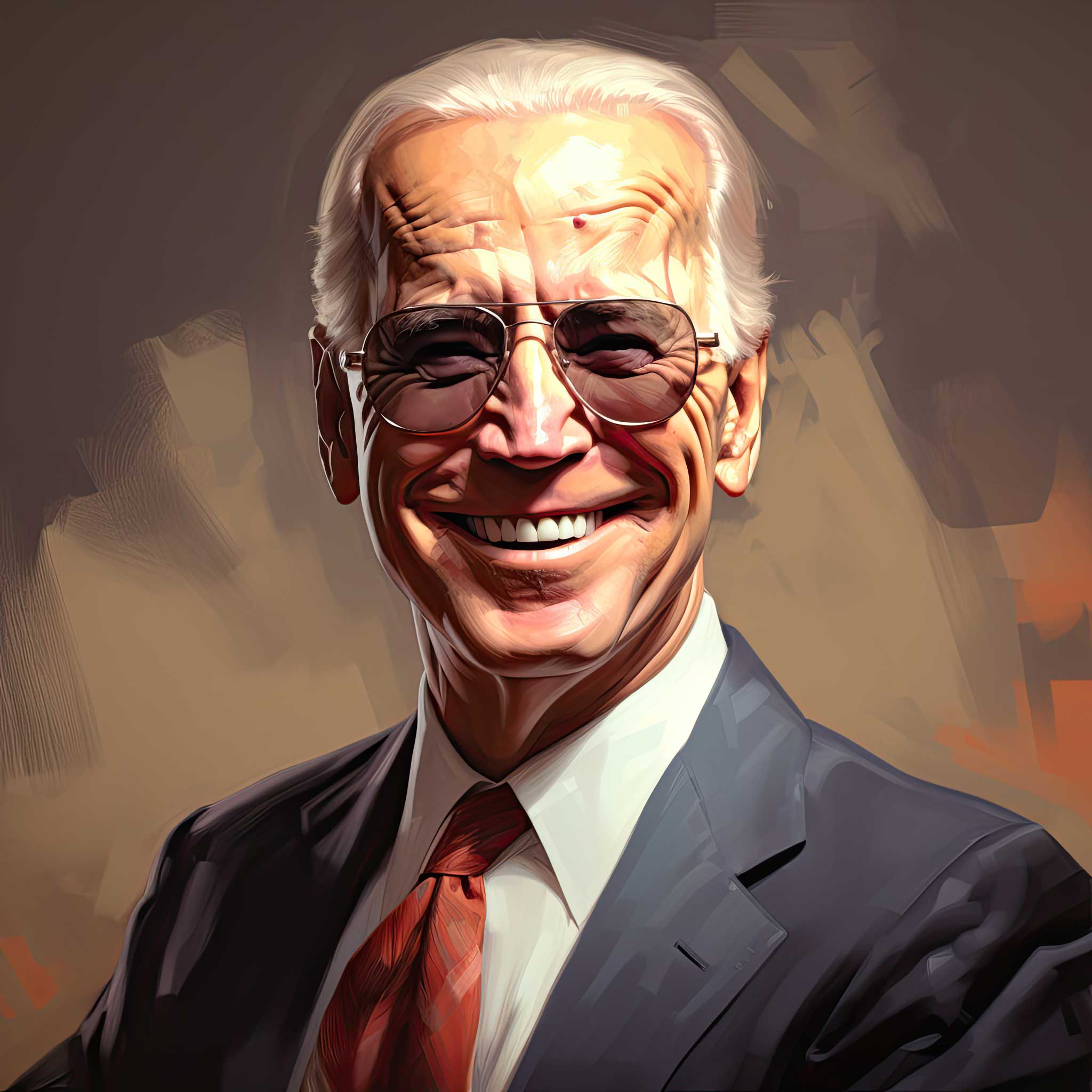 Stylized portrait illustration of Joe Biden in a suit and tie, smiling against a dark background.
