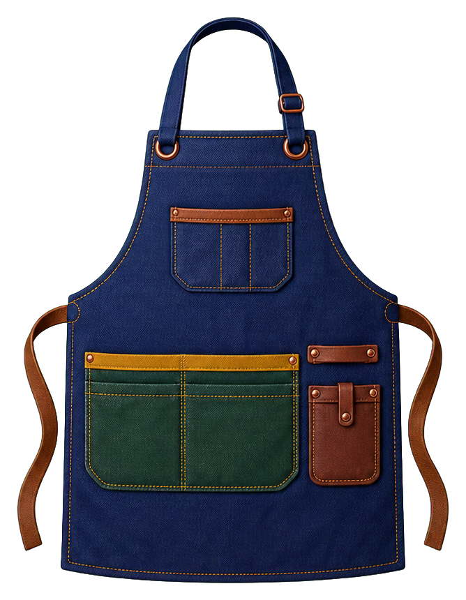 Blue barbecue apron with brown straps and front pockets
