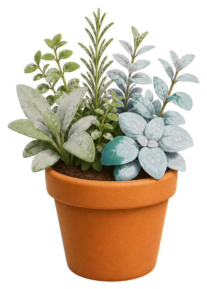 A terracotta pot filled with leafy herbs and a blue-green succulent plant