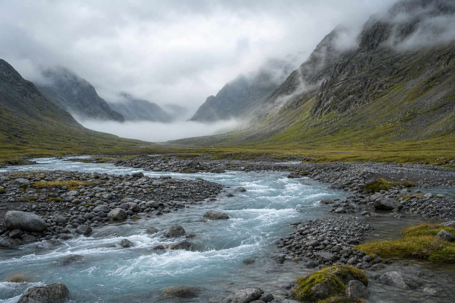 Glacial river flowing through a misty mountain valley under bright overcast skies.