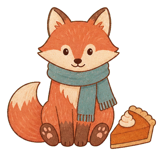 Cute coral fox wearing a teal scarf beside a slice of pie