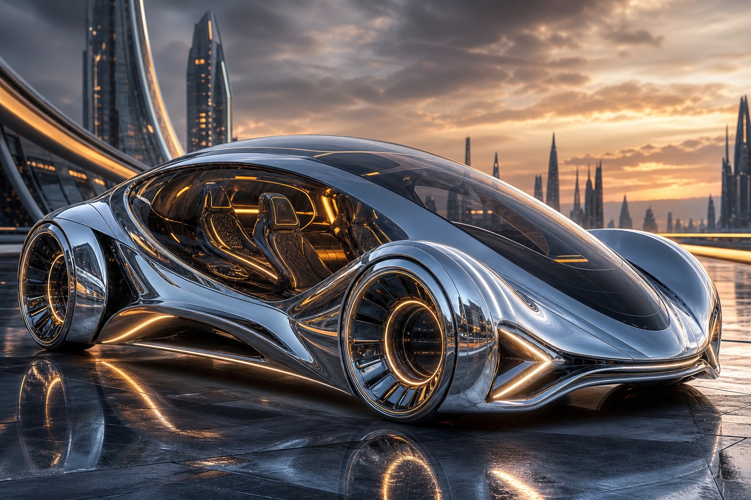 Futuristic chrome concept car with a glass canopy on a reflective surface at sunset