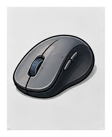 A gray ergonomic computer mouse on a dark background.
