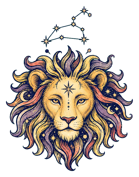 Illustrated lion face with flowing mane and small constellation stars around it