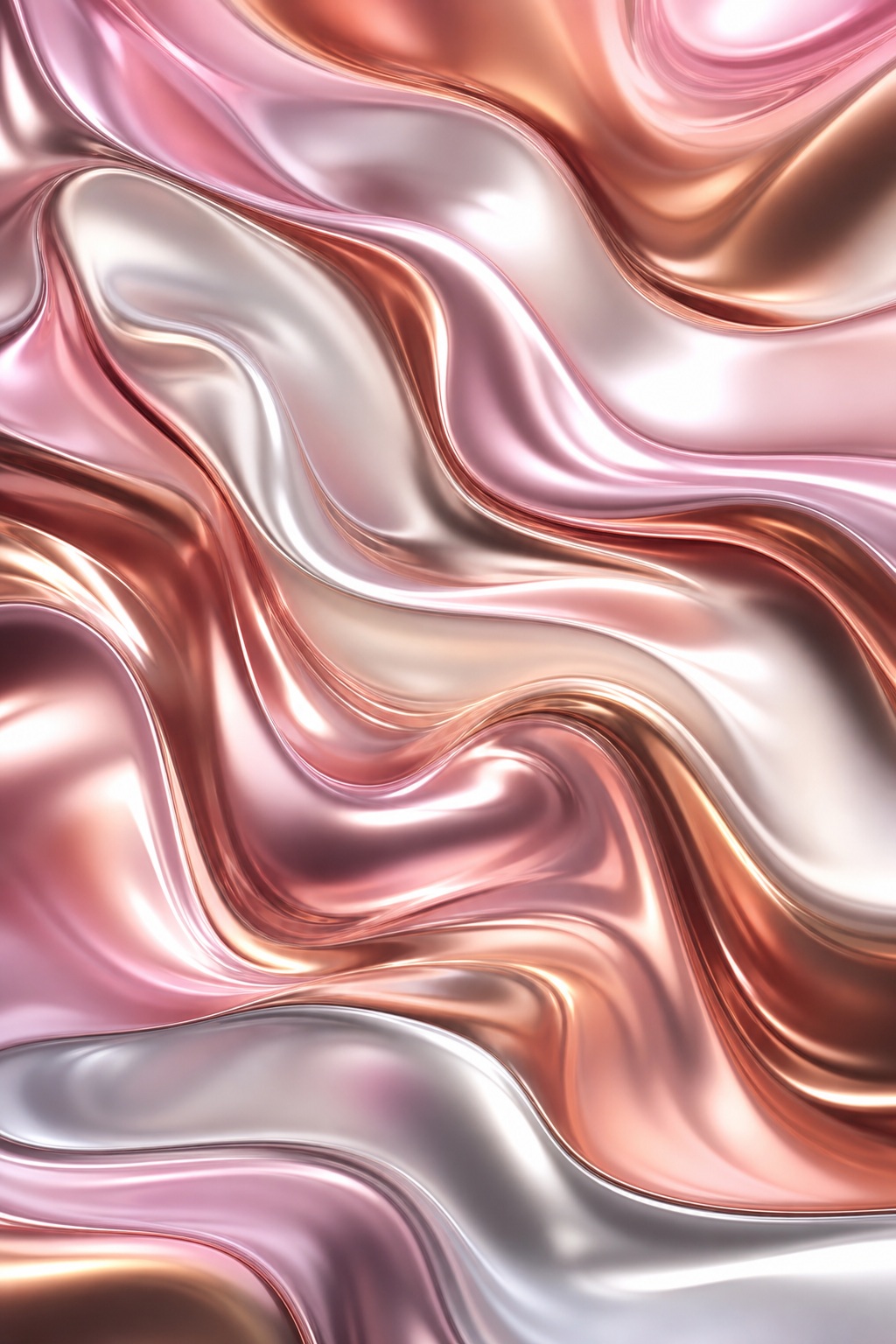 Glossy rose and pink chrome ribbons forming a reflective liquid abstract background