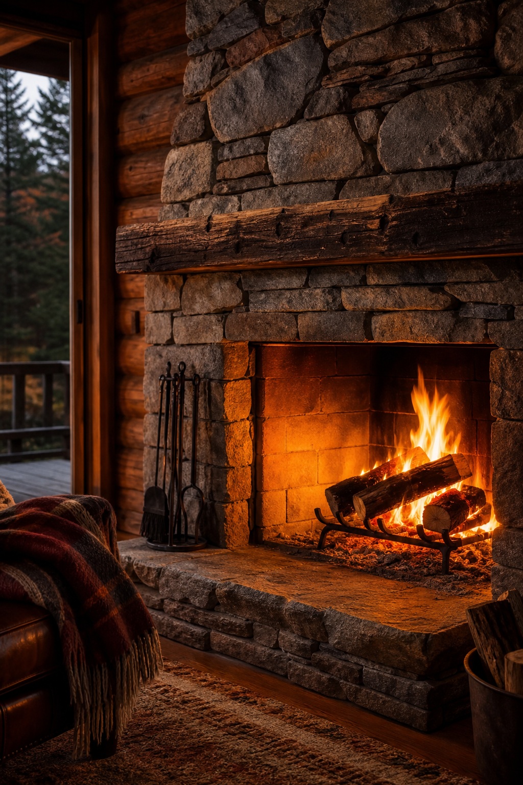 Warm cabin interior with a stone fireplace, burning fire, and rustic wood walls