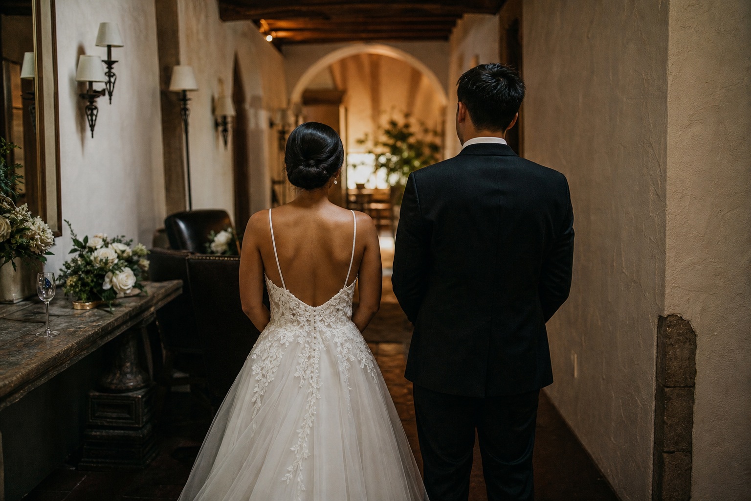 Bride and groom seen from behind walking down a hallway toward a wedding ceremony.