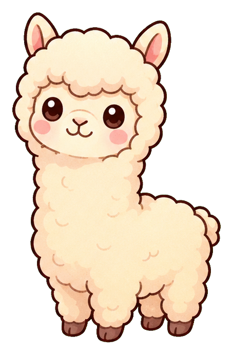 Cute fluffy alpaca with pastel fur, big eyes, and pink cheeks.