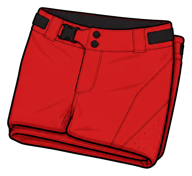 Red pair of biking shorts with waistband, pockets, and stitched details