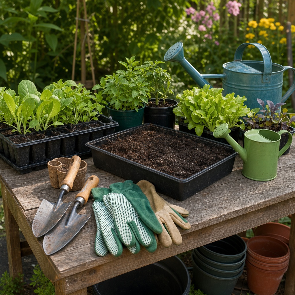 Gardening tools, seedlings, pots, and watering can arranged on a wooden table.