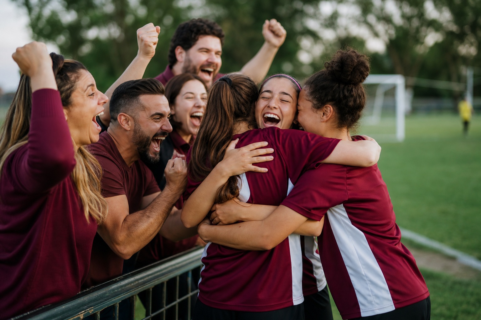 Group of soccer fans in maroon jerseys hugging and cheering by the field