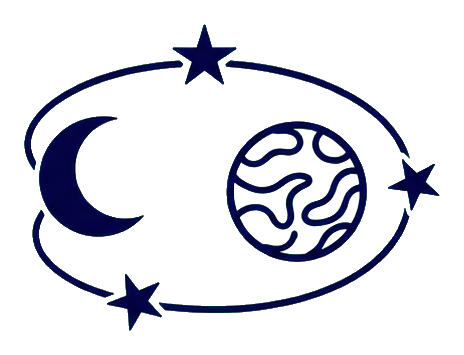 Crescent moon and planet pair with stars in a whimsical celestial design.