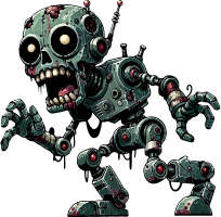 A pixelated zombie robot with a skull head and mechanical limbs against a black background.