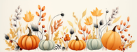 Watercolor illustration of orange, white, and green pumpkins surrounded by autumn leaves and plants.