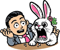 Cartoon man and white rabbit with shocked expressions