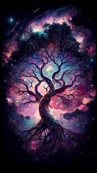 A tree with twisted trunk and branches, surrounded by a swirling galaxy with stars and vibrant colors.