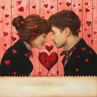 Illustration of a man and woman facing each other with hearts around them