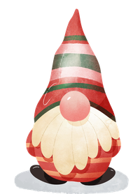 A cartoon Christmas gnome with a red body and a red, green, and white striped hat