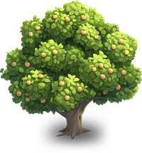 A cartoon-style illustration of a green tree with fruits against a transparent background.