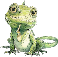 A cartoon illustration of a green lizard wearing a tie.