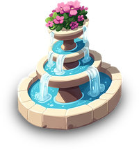A cartoon-style image of a three-tiered fountain with water flowing down each level and pink flowers on the top tier.