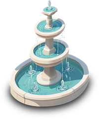 3D illustration of a white, three-tiered fountain with blue water