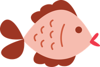 A cartoon fish with a pink body and brown fins against a black background.