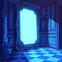 An ornate mirror in a dimly lit, luxurious room with checkered flooring and paneled walls.