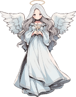 Anime angel with white dress and wings holding a small figure