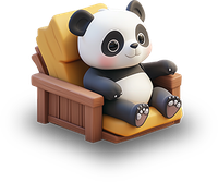 3D rendered panda lounging in a wooden chair