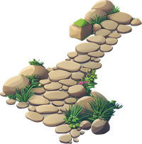 A winding stone pathway with plants and flowers