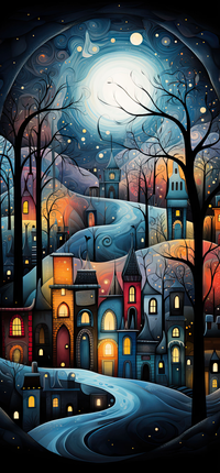 Illustration of a snowy village under a full moon with colorful houses and bare trees.