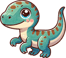 A cartoon dinosaur with teal and brown spots and large eyes