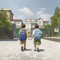Two children walking to school holding hands