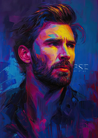 A man with a beard and mustache in a vibrant, abstract digital painting