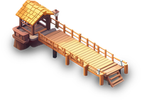 Isometric view of a wooden dock with a boathouse