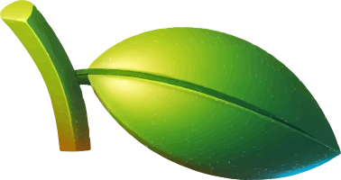 A stylized green leaf with a stem against a black background