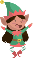 Cartoon elf in green and pink costume with a cheerful expression