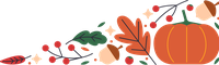 Pixel art image of autumn leaves, pumpkins, and berries on a black background