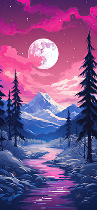 A digital illustration of a peaceful winter landscape with a full moon, snow-covered mountains, and a calm river.