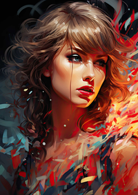 A digital artwork featuring a woman's portrait with swirling colors