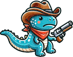 A blue dinosaur with a cowboy hat and gun