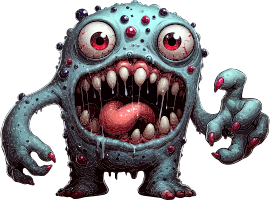 A blue cartoon monster with sharp teeth and red eyes.