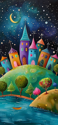 A colorful castle on a hill with trees and water in front under a starry night sky.