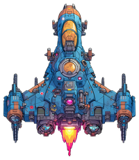 A blue and orange pixel art spacecraft with glowing engines