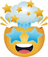 A yellow emoji face with blue star-shaped eyes and an open mouth, surrounded by exploding gold stars.