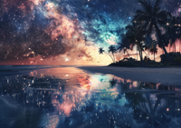 A beach with palm trees under a starry sky reflected in the water.