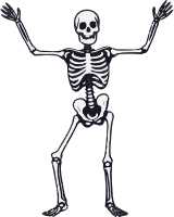 White skeleton with raised arms on a black background.