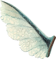 A butterfly wing with a brown stem and white, blue-tinged scales.