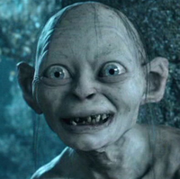 Close-up of Gollum's face with a creepy expression